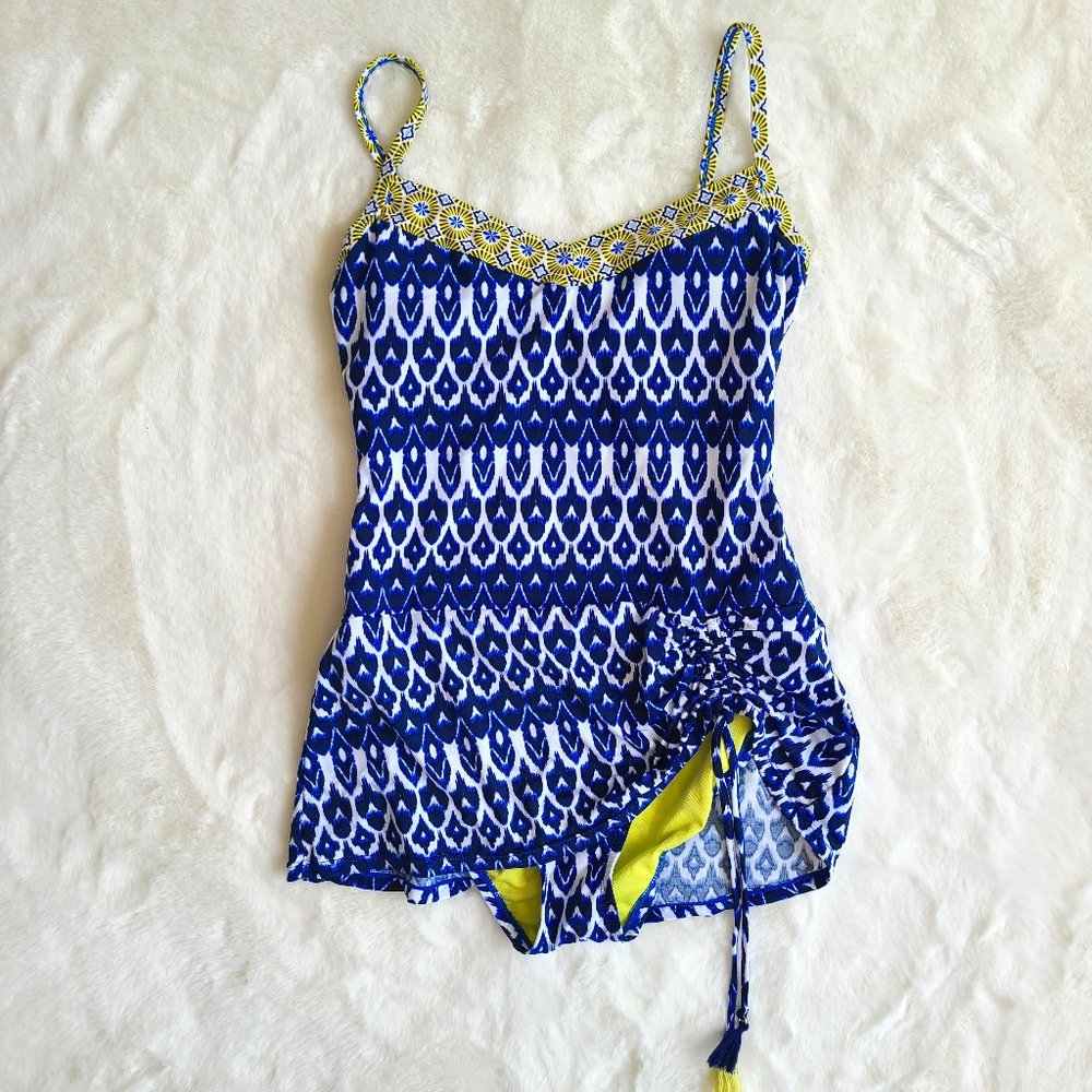 EUC 1 piece swimsuit cinch up skirt modest or sexy